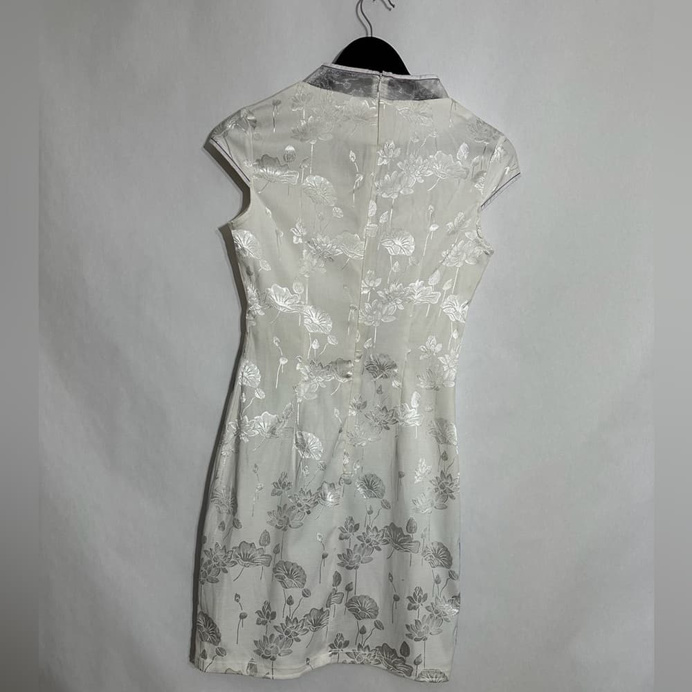 Vintage K.K. Keeling White & Purple Floral Lotus Qipao Cheongsam Dress Medium - Thumbnail 8