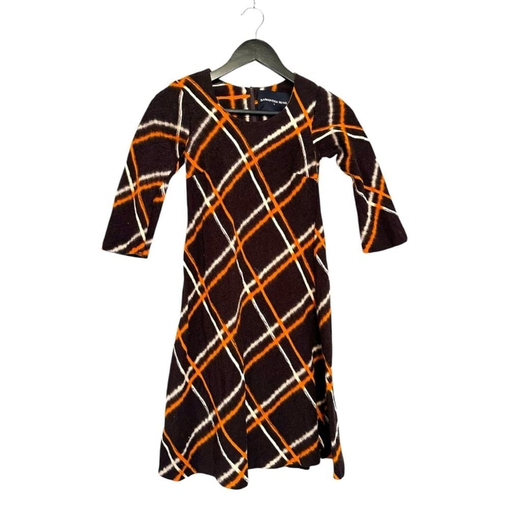 SAMANTHA SUNG Wool Blend Plaid Dress Hand Printed Brown Orange Size 4 Luxury
