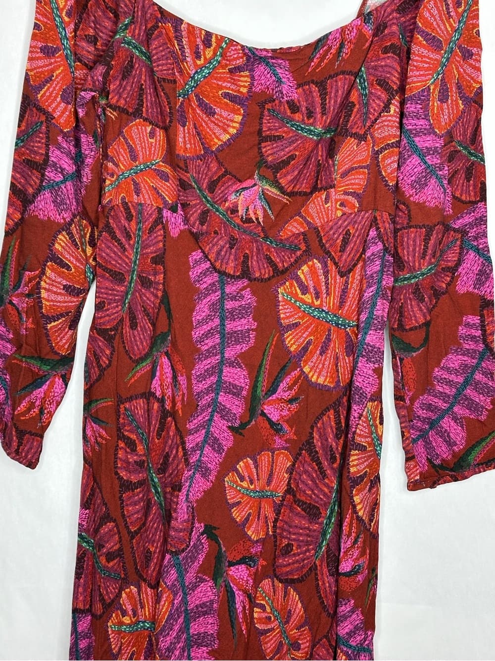 Farm Rio Delicate Leaves Midi Dress Red Tropical Leaf Print Size XL Resortwear - Thumbnail 2
