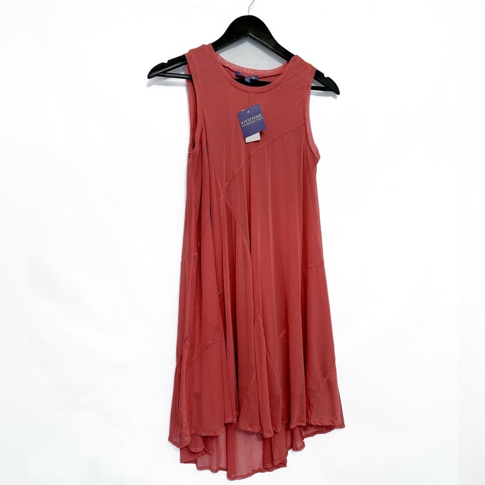 NWT Vivienne Vivienne Tam Burnt Coral Flowy Mesh Asymmetrical Tank Dress Small - Thumbnail 2