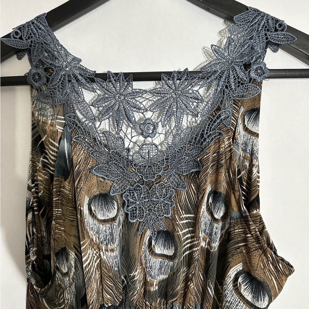 Peacock Feather Print Dress with Lace Detail Vintage Y2K Size Large - Thumbnail 4