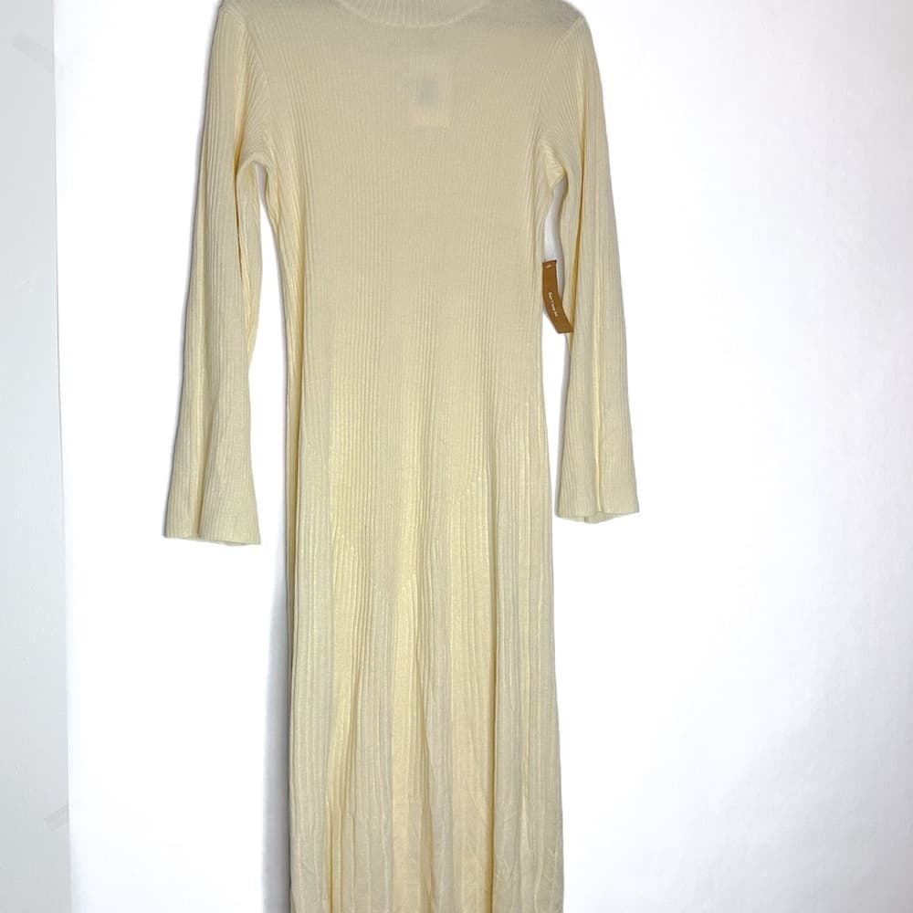 NWT Caara Cream Ribbed Knit High Neck Sweater Dress Wool Blend Size Medium - Thumbnail 7