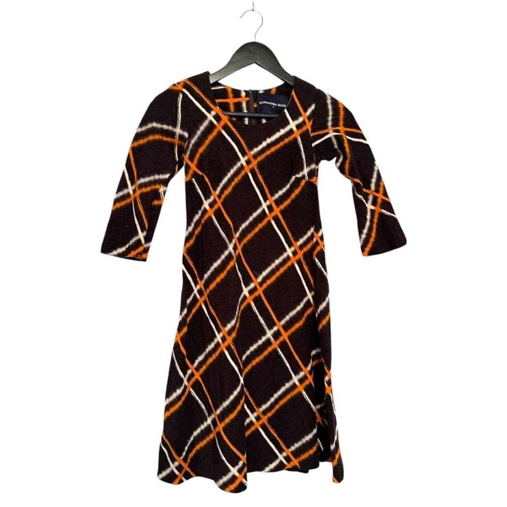 SAMANTHA SUNG Wool Blend Plaid Dress Hand Printed Brown Orange Size 4 Luxury - Thumbnail 8