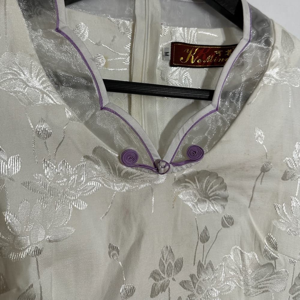 Vintage K.K. Keeling White & Purple Floral Lotus Qipao Cheongsam Dress Medium - Thumbnail 2