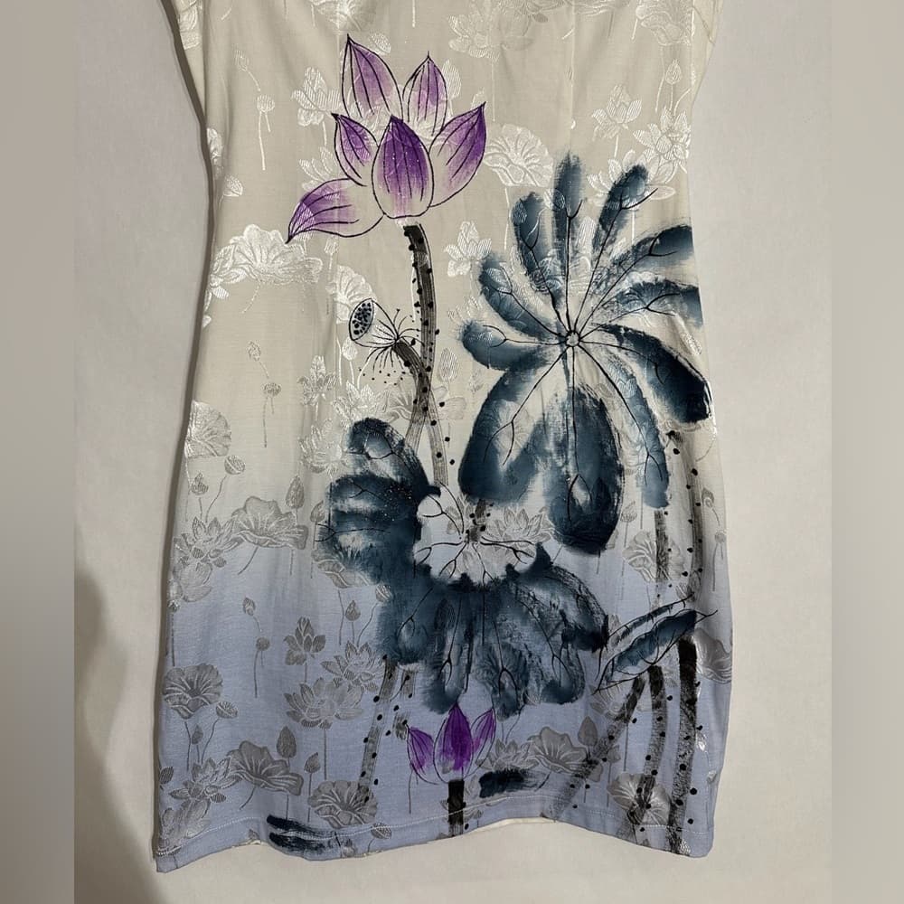 Vintage K.K. Keeling White & Purple Floral Lotus Qipao Cheongsam Dress Medium - Thumbnail 5