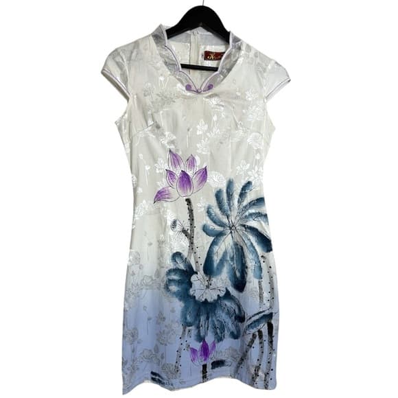 Vintage K.K. Keeling White & Purple Floral Lotus Qipao Cheongsam Dress Medium - Thumbnail 13
