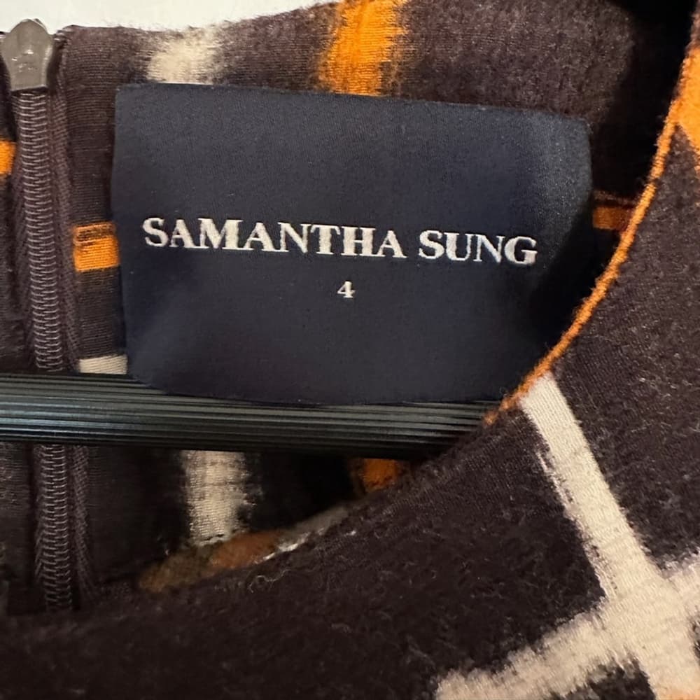 SAMANTHA SUNG Wool Blend Plaid Dress Hand Printed Brown Orange Size 4 Luxury - Thumbnail 3