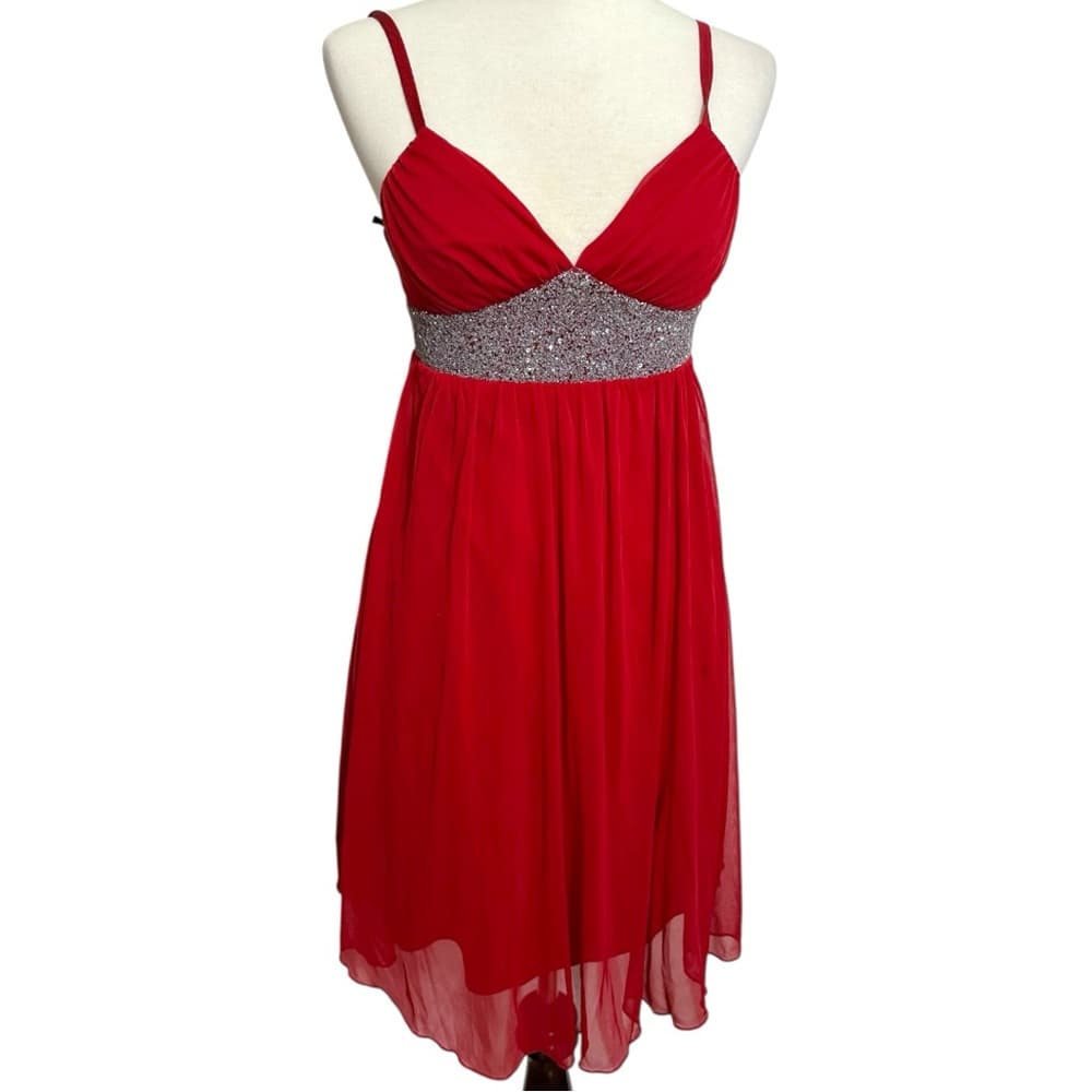 IZ Byer California Red Empire Waist Dress Y2K Vintage Silver Sequin Size Medium - Thumbnail 11