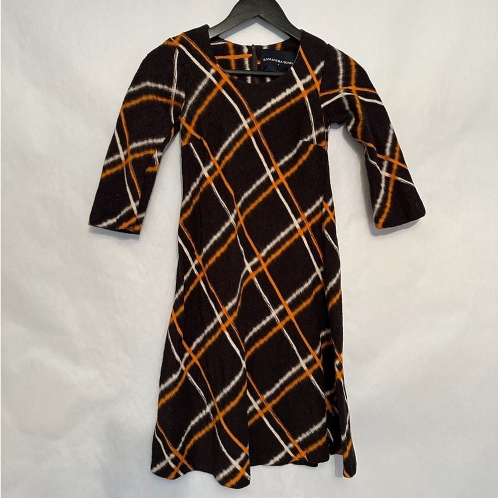 SAMANTHA SUNG Wool Blend Plaid Dress Hand Printed Brown Orange Size 4 Luxury - Thumbnail 2