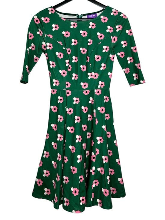 Unique Vintage Green Floral Fit & Flare Dress Pink Flower XS Cottagecore Whimsy - Thumbnail 9