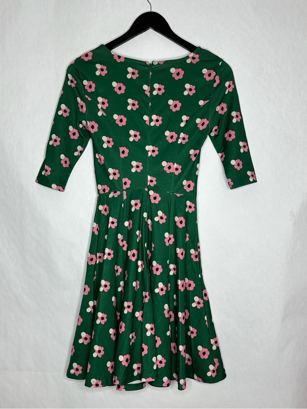Unique Vintage Green Floral Fit & Flare Dress Pink Flower XS Cottagecore Whimsy
