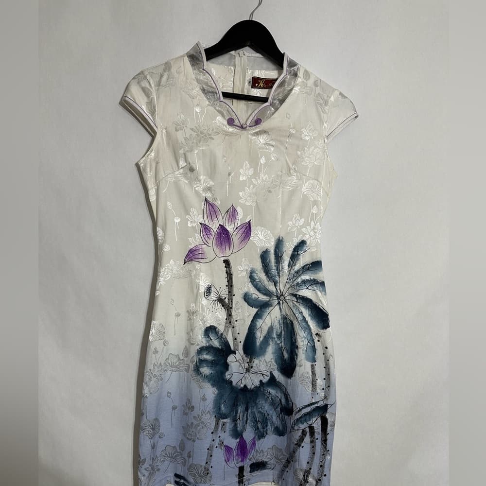 Vintage K.K. Keeling White & Purple Floral Lotus Qipao Cheongsam Dress Medium - Thumbnail 3