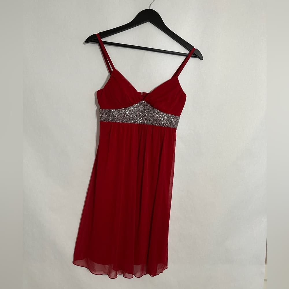 IZ Byer California Red Empire Waist Dress Y2K Vintage Silver Sequin Size Medium - Thumbnail 10