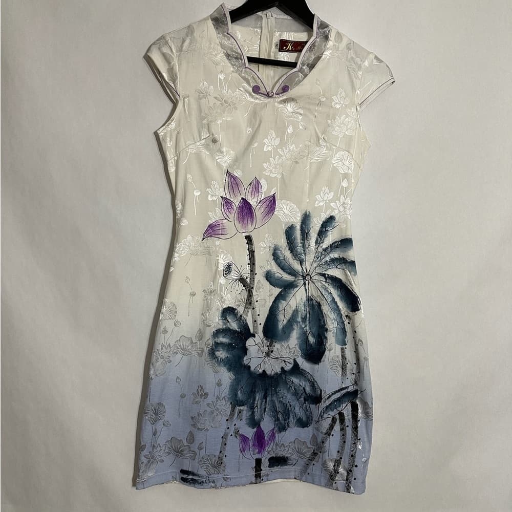 Vintage K.K. Keeling White & Purple Floral Lotus Qipao Cheongsam Dress Medium