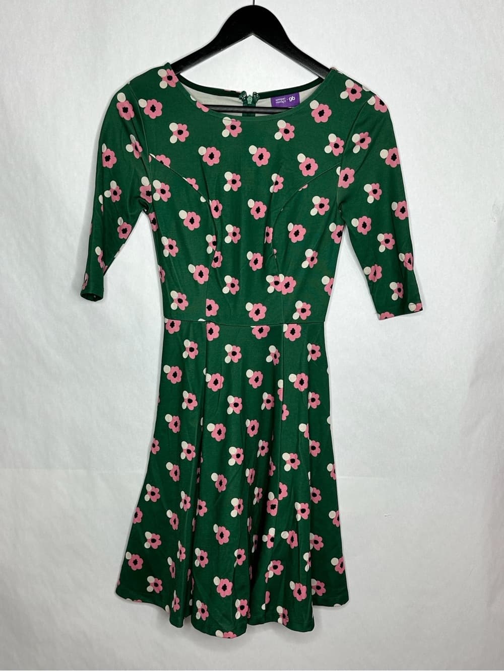 Unique Vintage Green Floral Fit & Flare Dress Pink Flower XS Cottagecore Whimsy - Thumbnail 5