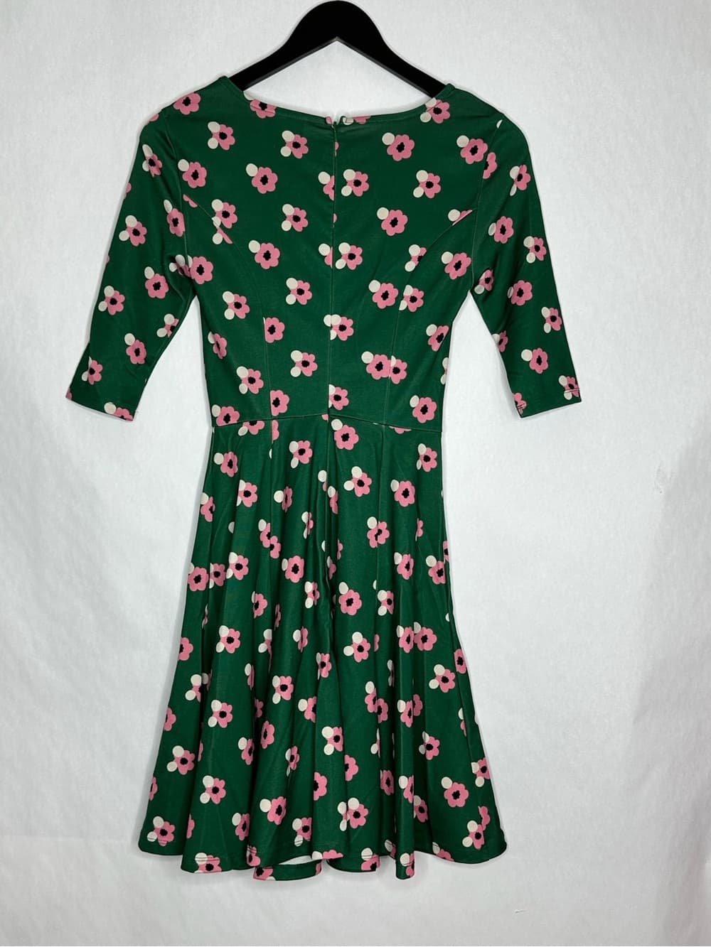 Unique Vintage Green Floral Fit & Flare Dress Pink Flower XS Cottagecore Whimsy - Thumbnail 2