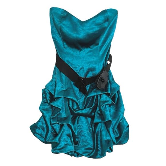 Ruby Rox Teal Strapless Dress Ruffled Skirt Black Waist Sash Size 7 Junior Party - Thumbnail 10