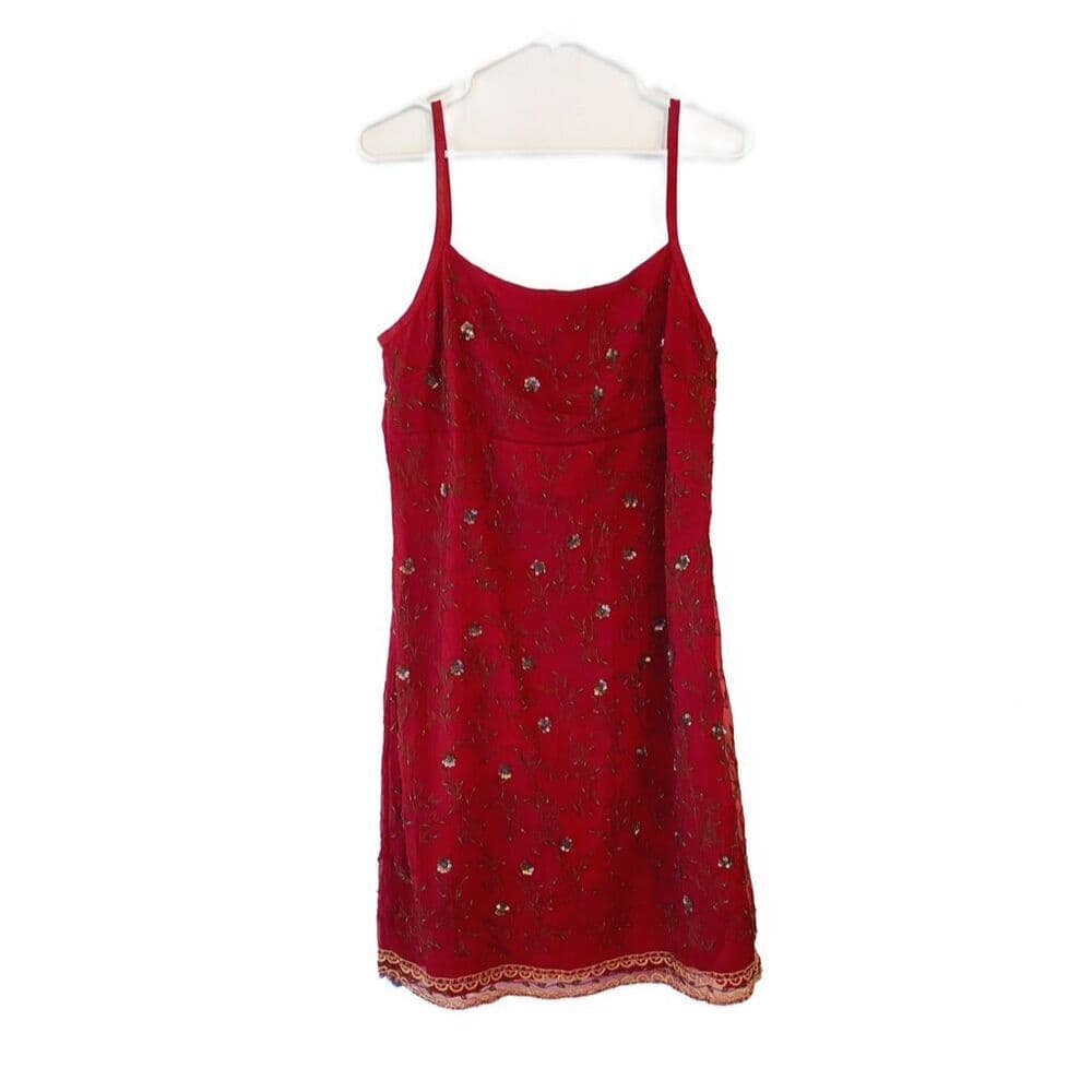 Slip Dress Red Beaded Lace Trim Spaghetti Strap Size 11 EXPRESS Y2K Deadstock - Thumbnail 4