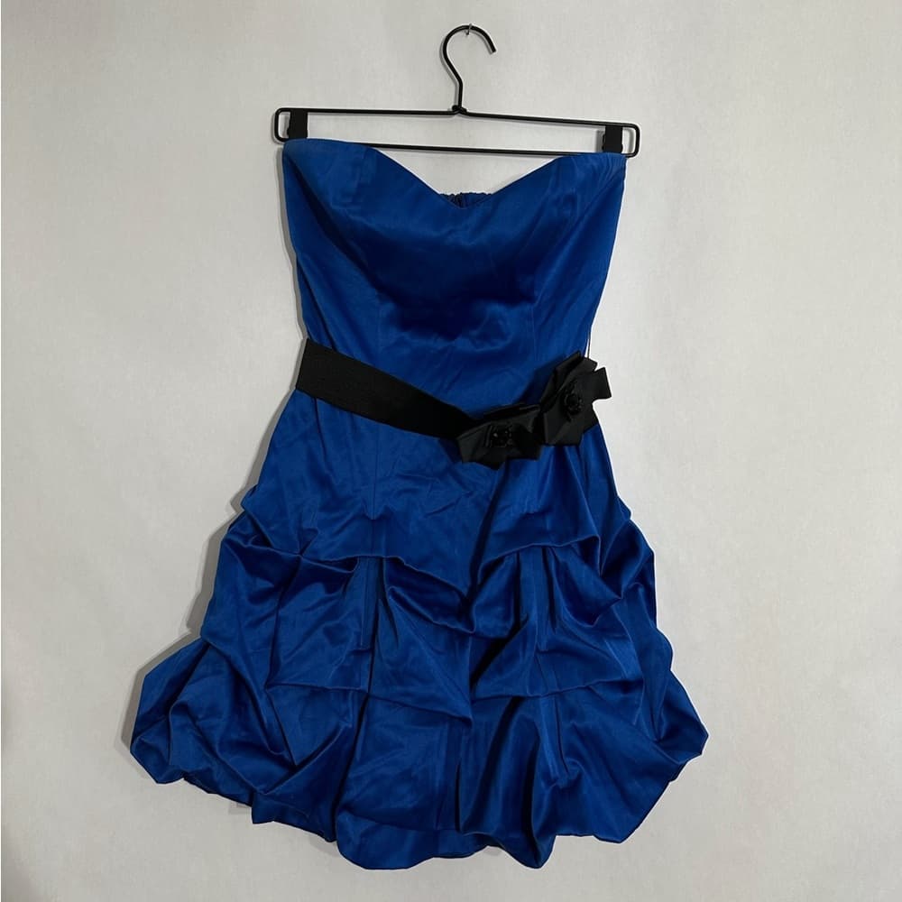 Ruby Rox Blue Black Strapless Ruffle Skirt Party Dress Bow Y2K Size 5 (Juniors)