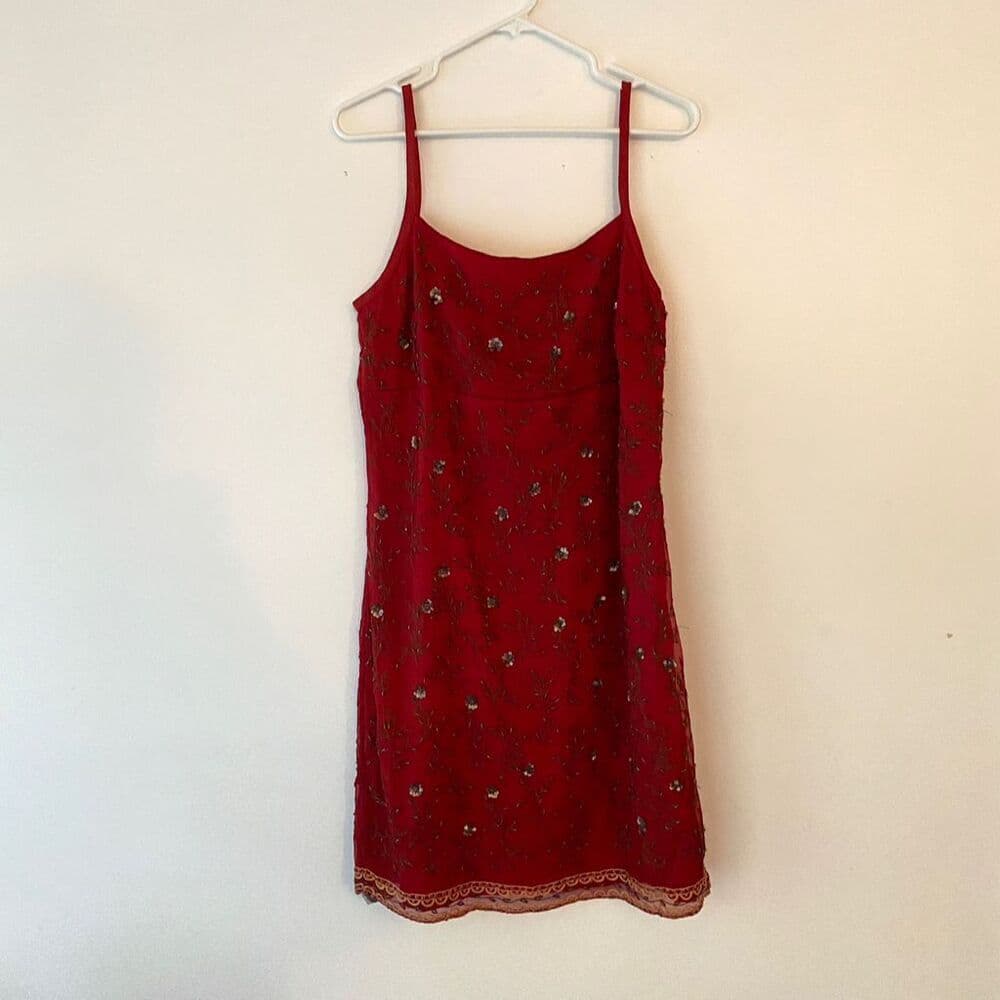 Slip Dress Red Beaded Lace Trim Spaghetti Strap Size 11 EXPRESS Y2K Deadstock - Thumbnail 9