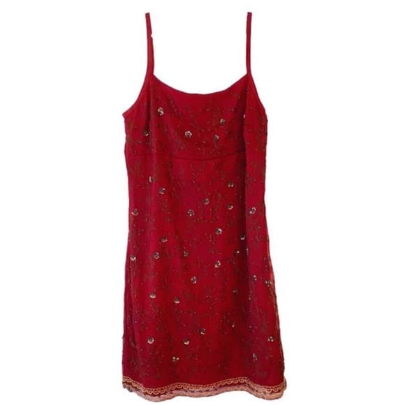 Slip Dress Red Beaded Lace Trim Spaghetti Strap Size 11 EXPRESS Y2K Deadstock - Thumbnail 16