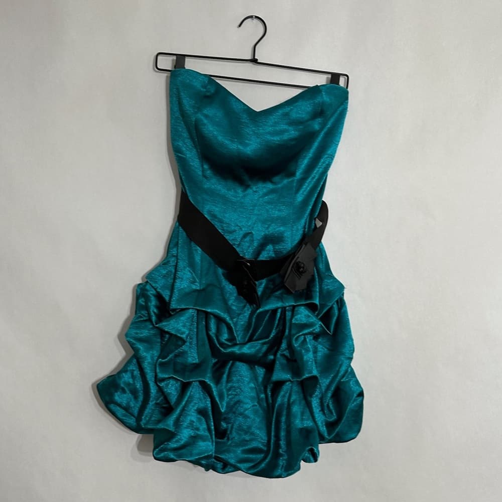 Ruby Rox Teal Strapless Dress Ruffled Skirt Black Waist Sash Size 7 Junior Party - Thumbnail 7