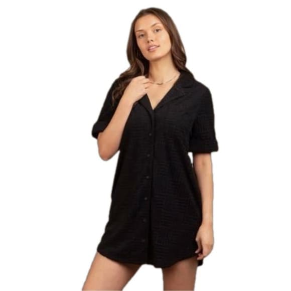Very J Women's Black Button-Up Short Sleeve Collar Dress Size Medium - Thumbnail 11