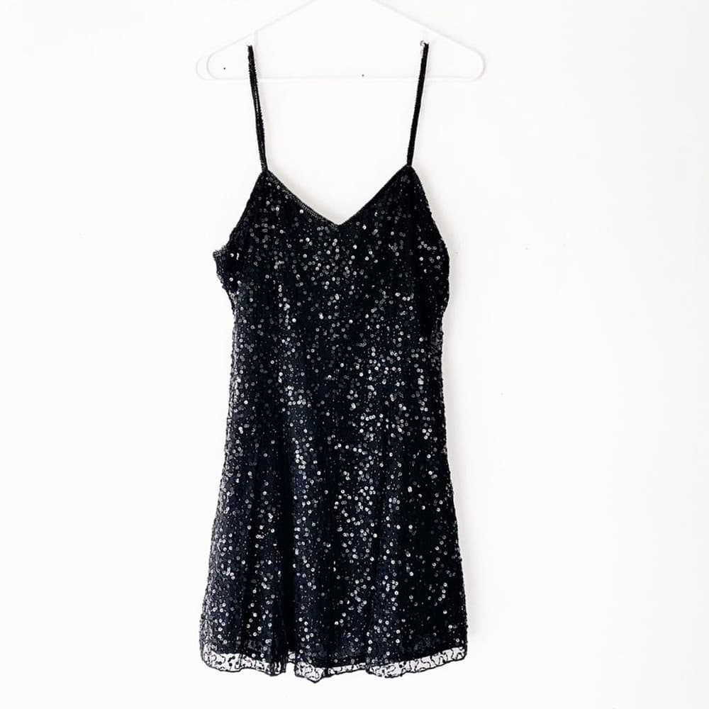 Laurence Kazar Vintage 80s Black Sequin Slip Dress Size PM (See Note on Size)