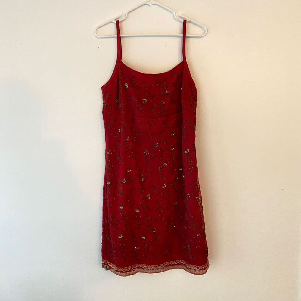Slip Dress Red Beaded Lace Trim Spaghetti Strap Size 11 EXPRESS Y2K Deadstock - Thumbnail 14
