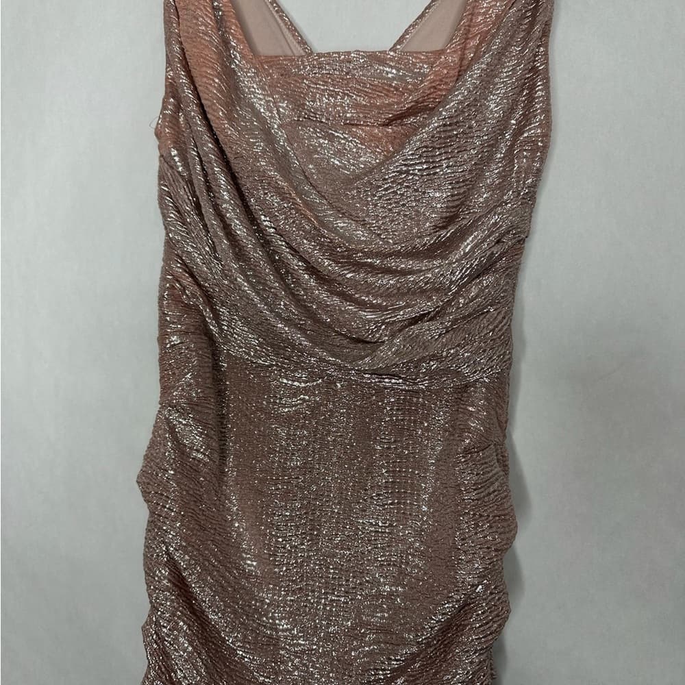 Express Champagne Pink Metallic Ruched Bodycon Mini Y2K Dress Size 0 SEE NOTES - Thumbnail 3