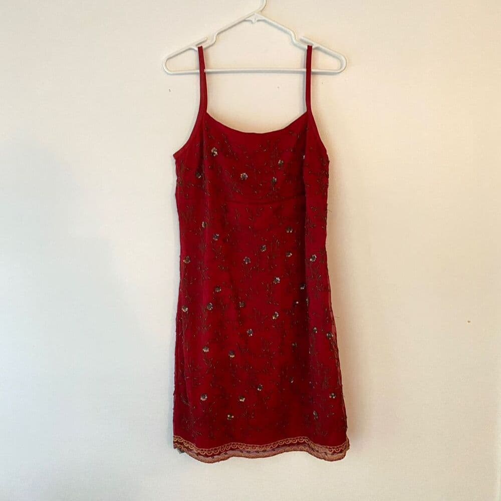 Slip Dress Red Beaded Lace Trim Spaghetti Strap Size 11 EXPRESS Y2K Deadstock - Thumbnail 3
