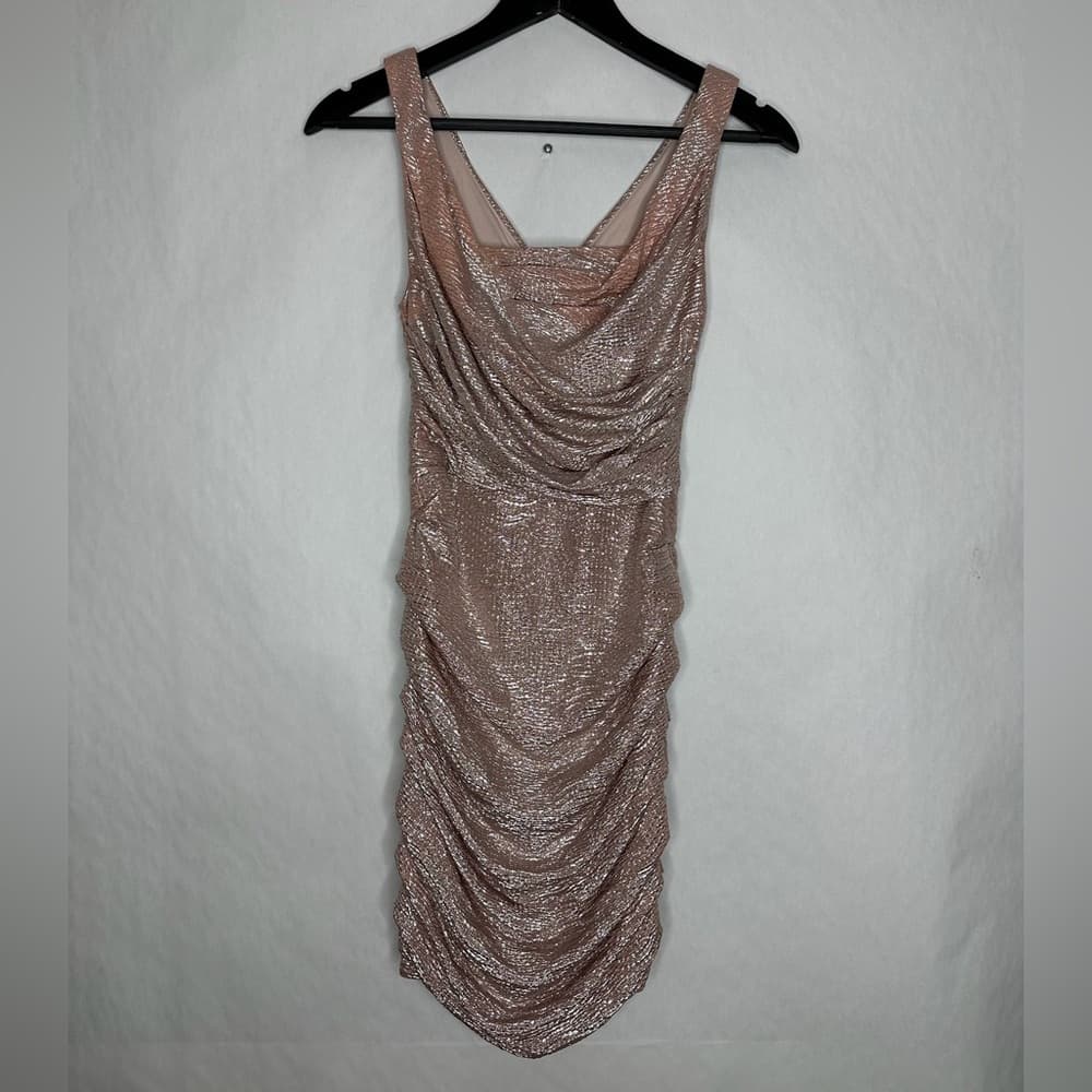 Express Champagne Pink Metallic Ruched Bodycon Mini Y2K Dress Size 0 SEE NOTES - Thumbnail 2
