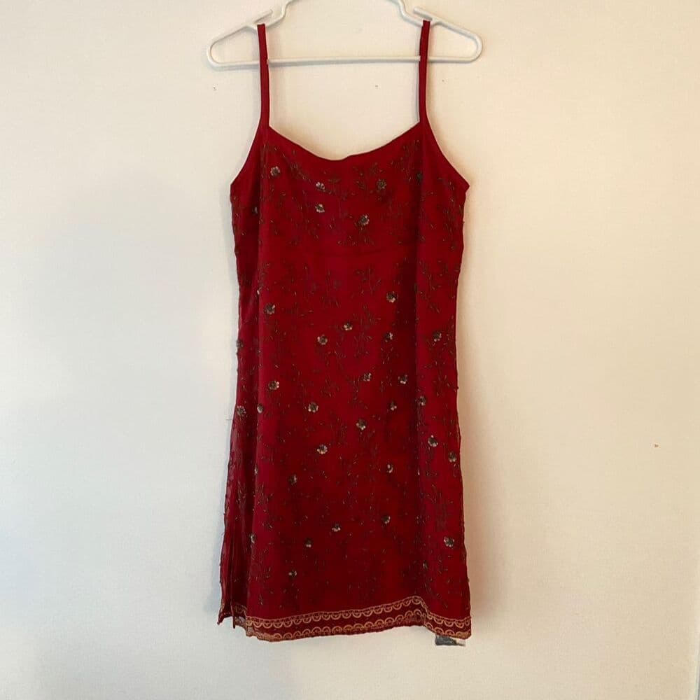Slip Dress Red Beaded Lace Trim Spaghetti Strap Size 11 EXPRESS Y2K Deadstock - Thumbnail 12