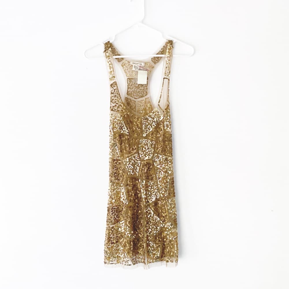 NWT Gold Sequin Sexy Sheer Nude Illusion Mini Dress Arden B Deadstock Y2K Medium - Thumbnail 16