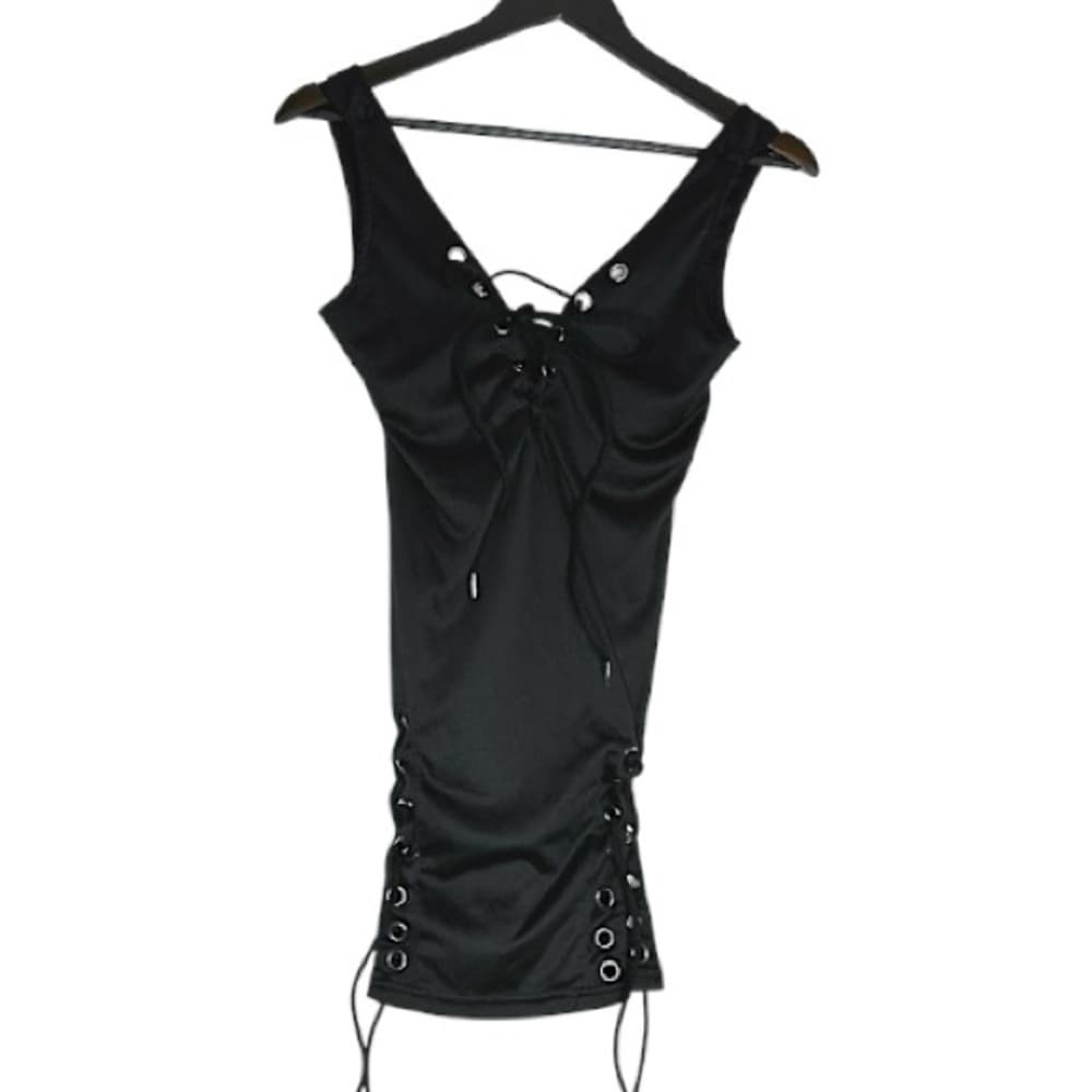 Black Lace-Up Corset-Side Style Super Mini Dress Sleeveless Stretch Bodycon Y2K - Thumbnail 7