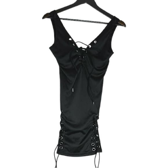 Black Lace-Up Corset-Side Style Super Mini Dress Sleeveless Stretch Bodycon Y2K - Thumbnail 8