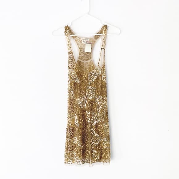 NWT Gold Sequin Sexy Sheer Nude Illusion Mini Dress Arden B Deadstock Y2K Medium - Thumbnail 17