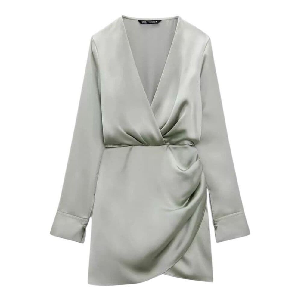 Zara Wrap Satin Effect “Grey Green” Dress Blogger Favorite Womens X-Small