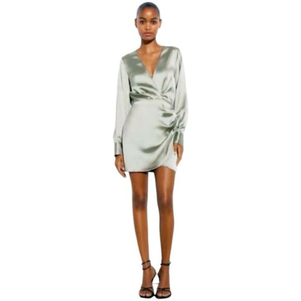 Zara Wrap Satin Effect “Grey Green” Dress Blogger Favorite Womens X-Small - Thumbnail 15