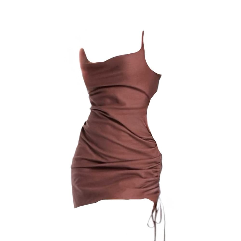 NWT ASOS Design Cowl Neck Beach Mini Dress “Brown” Ruched Tie Side Low Back Sz 0 - Thumbnail 2