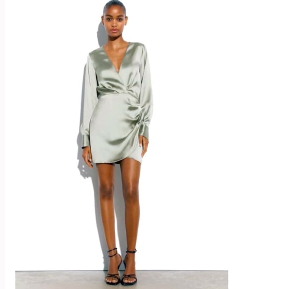 Zara Wrap Satin Effect “Grey Green” Dress Blogger Favorite Womens X-Small - Thumbnail 11