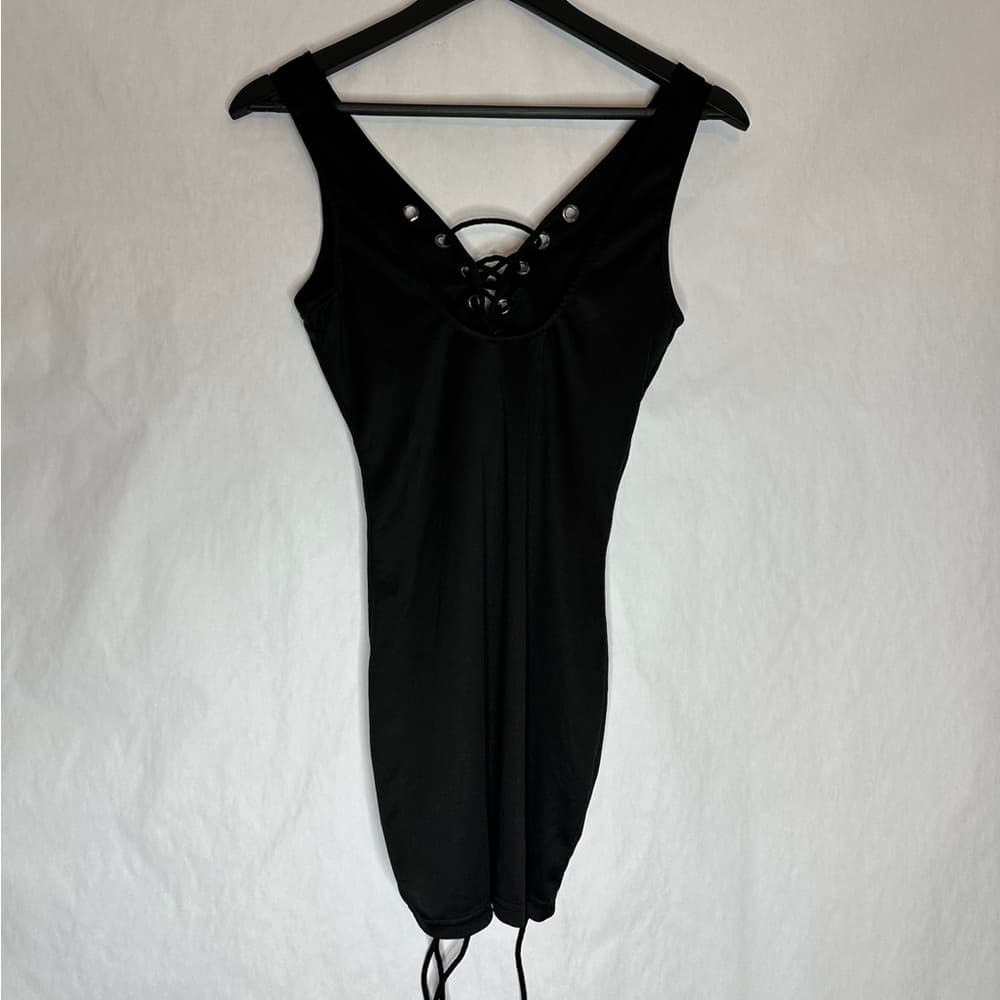 Black Lace-Up Corset-Side Style Super Mini Dress Sleeveless Stretch Bodycon Y2K - Thumbnail 4