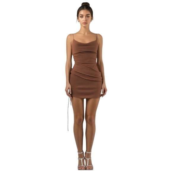 NWT ASOS Design Cowl Neck Beach Mini Dress “Brown” Ruched Tie Side Low Back Sz 0 - Thumbnail 16