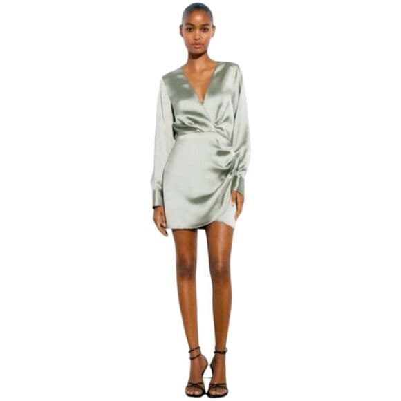Zara Wrap Satin Effect “Grey Green” Dress Blogger Favorite Womens X-Small - Thumbnail 16