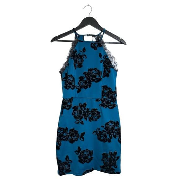 Trixxi Teal Black Velvet Burnout Floral Lace Halter Dress Y2K Size Juniors 9 - Thumbnail 11