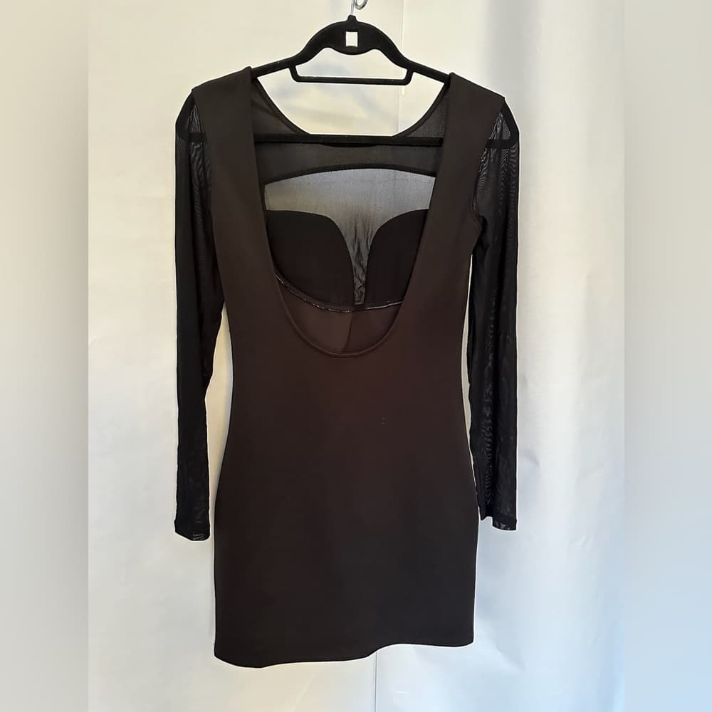 Nasty Gal Black Dress Mesh Front Long Sleeve Bodycon Futuristic Size Medium - Thumbnail 5