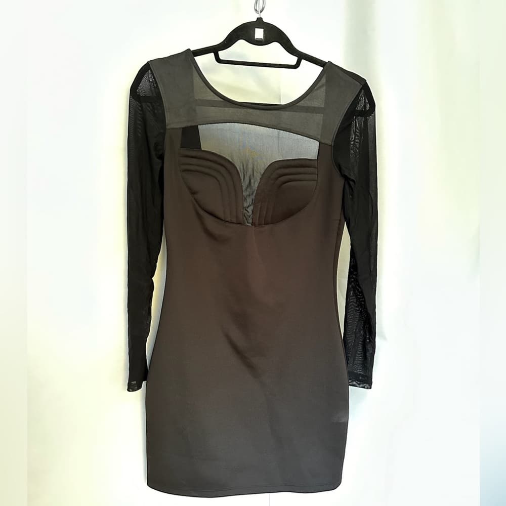 Nasty Gal Black Dress Mesh Front Long Sleeve Bodycon Futuristic Size Medium - Thumbnail 7