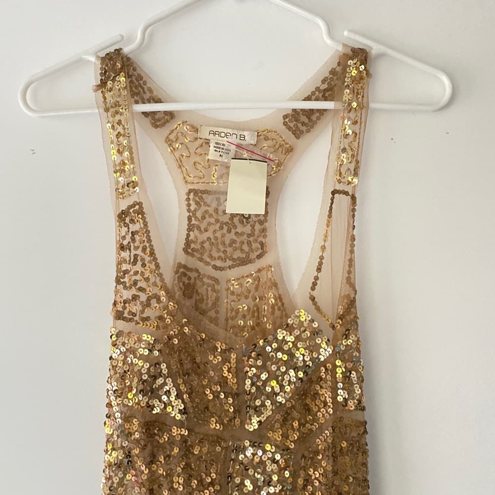 NWT Gold Sequin Sexy Sheer Nude Illusion Mini Dress Arden B Deadstock Y2K Medium - Thumbnail 12