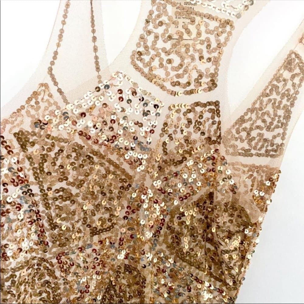 NWT Gold Sequin Sexy Sheer Nude Illusion Mini Dress Arden B Deadstock Y2K Medium - Thumbnail 7