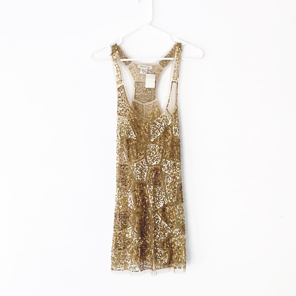 NWT Gold Sequin Sexy Sheer Nude Illusion Mini Dress Arden B Deadstock Y2K Medium - Thumbnail 8